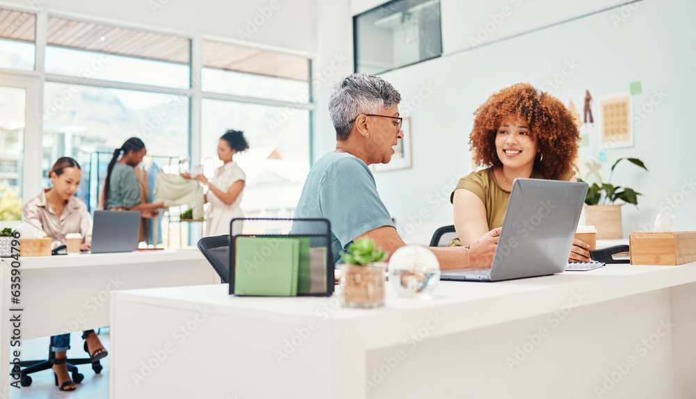 Business women, fashion designer and planning, teamwork or brainstorming in office workspace for sta