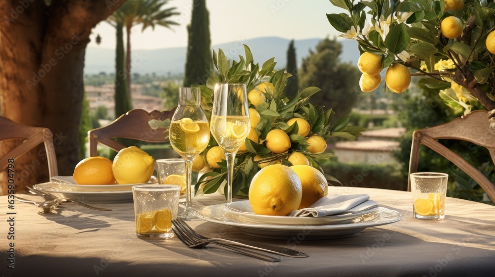 Table settings with lemons and greenery in the outdoor dining area