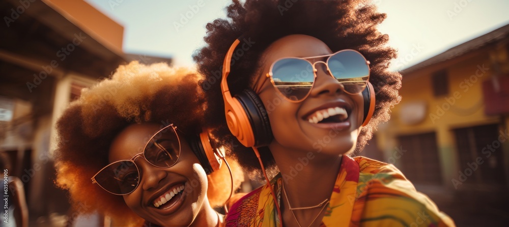 Beautiful african women laughing and having fun in the street