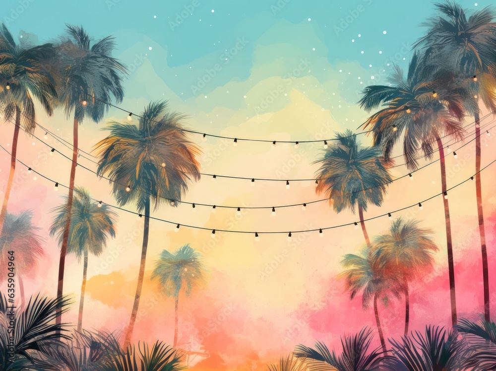 Tropical background with palms and light bulbs