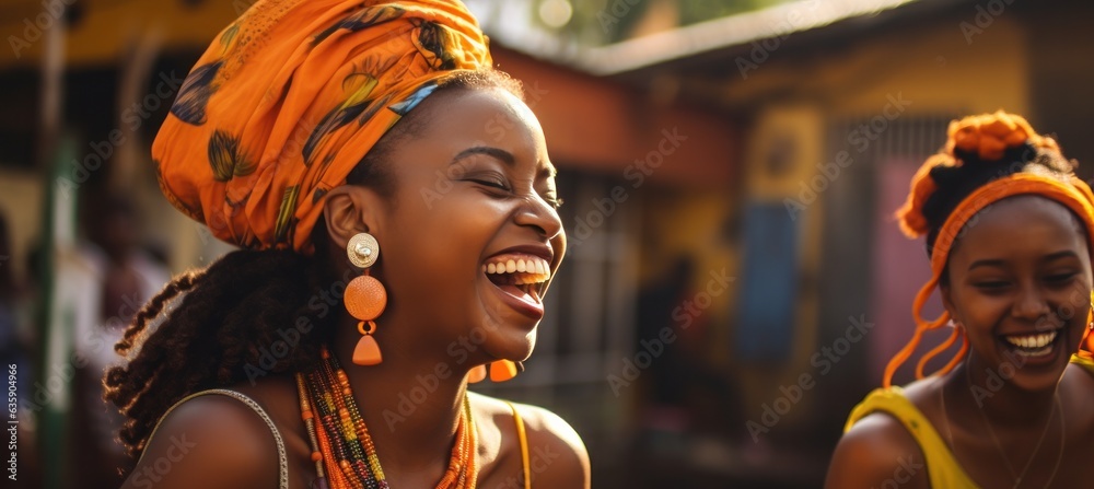 Beautiful african women laughing and having fun in the street