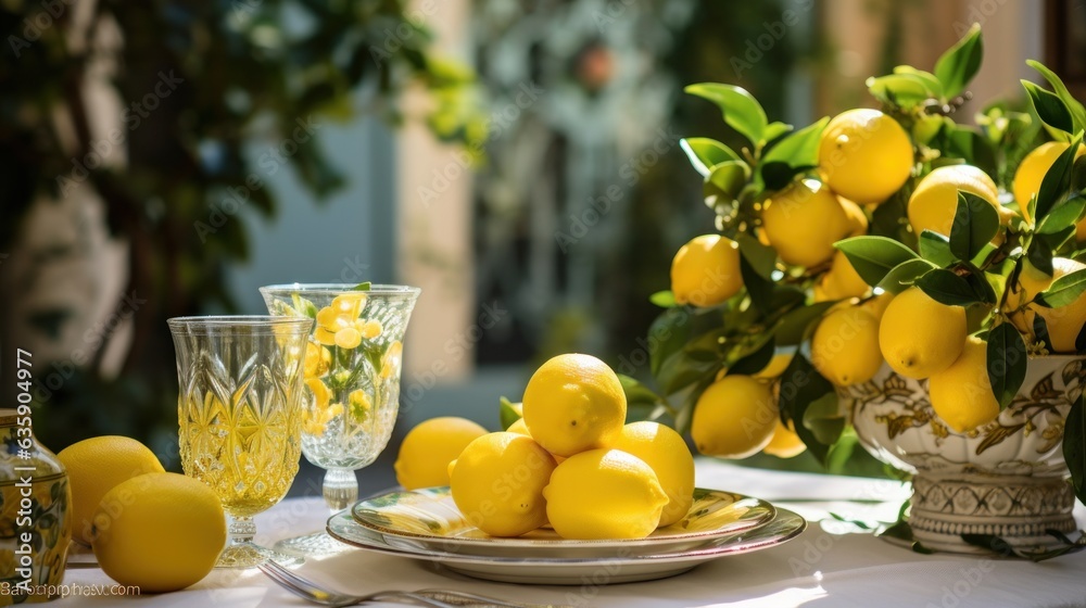 Table settings with lemons and greenery in the outdoor dining area