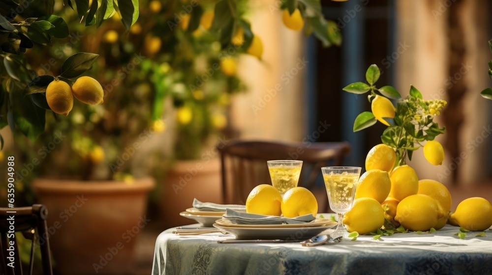 Table settings with lemons and greenery in the outdoor dining area