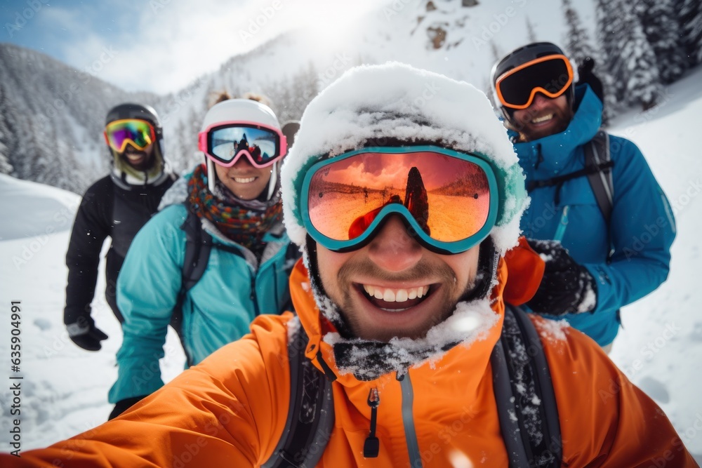 a group of people wearing ski equipment takes a selfie together