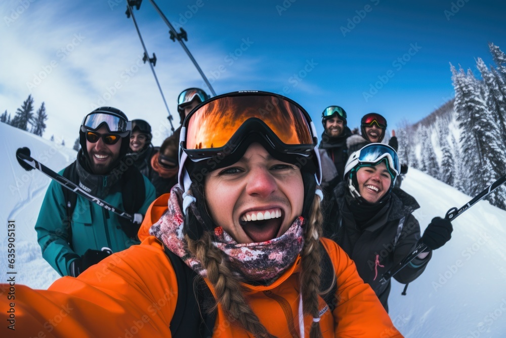 a group of people wearing ski equipment takes a selfie together