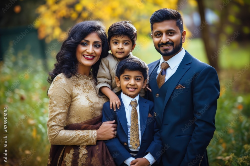 Indian a family holding children in their arms in a park