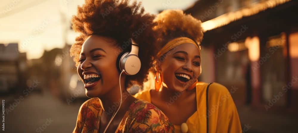 Beautiful african women laughing and having fun in the street