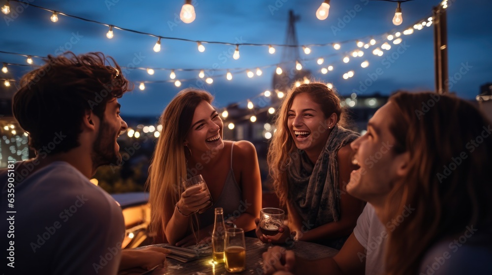 Young friends celebrating at the party on a roof top