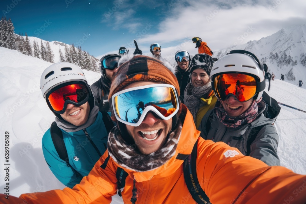 a group of people wearing ski equipment takes a selfie together