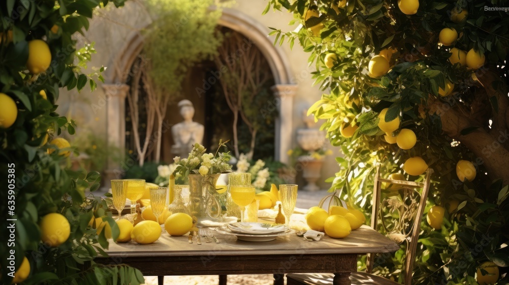 Table settings with lemons and greenery in the outdoor dining area