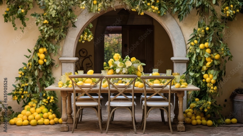 Table settings with lemons and greenery in the outdoor dining area