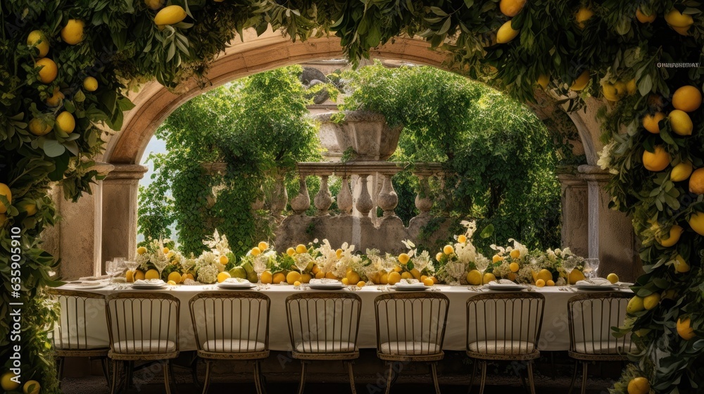 Table settings with lemons and greenery in the outdoor dining area