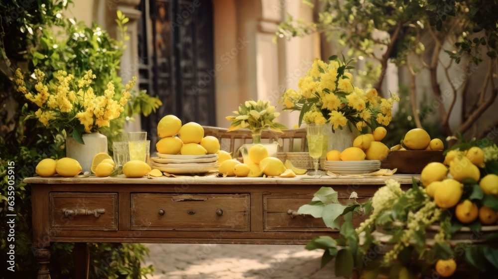 Table settings with lemons and greenery in the outdoor dining area