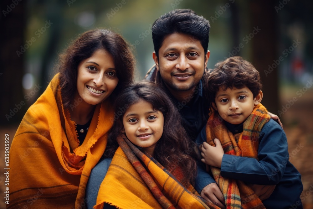 Indian a family holding children in their arms in a park