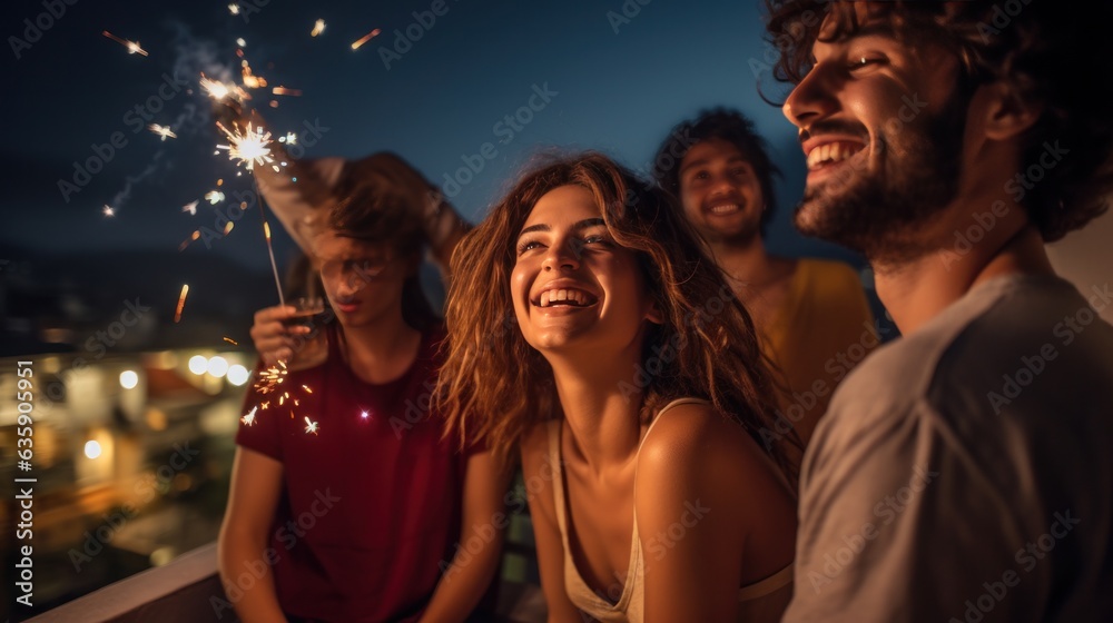 Young friends celebrating at the party on a roof top