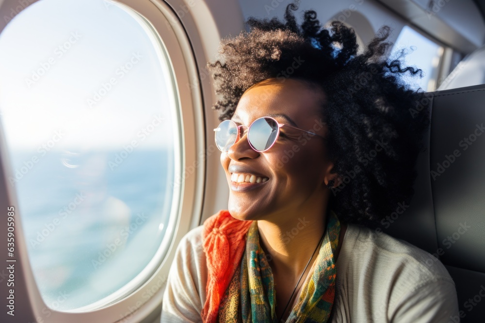 Woman smile near the window of airplane