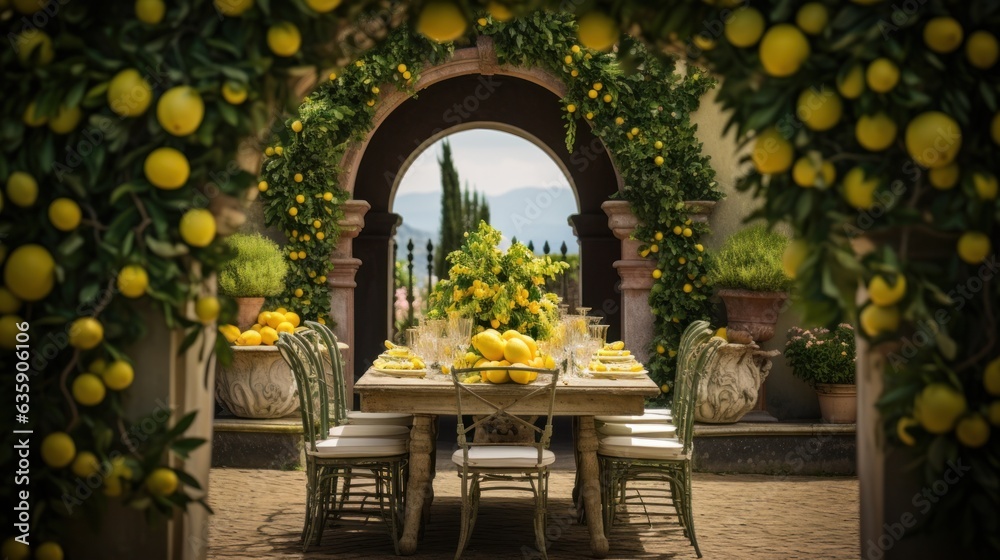 Table settings with lemons and greenery in the outdoor dining area