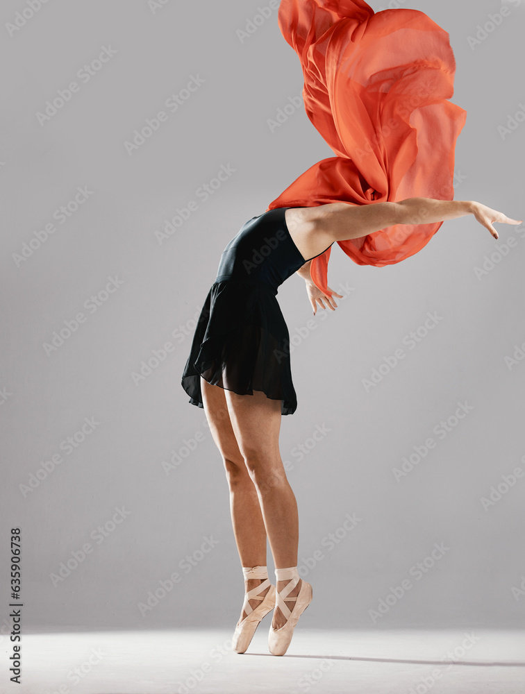 Ballet, woman or dancer with fabric, performance or prepare for a show on white studio background. F