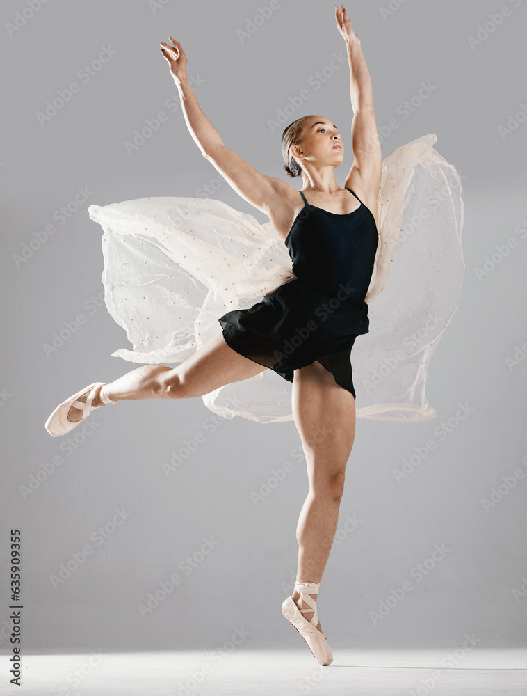 Ballet, woman or dancer with pose, training or performance on white studio background. Female perfor