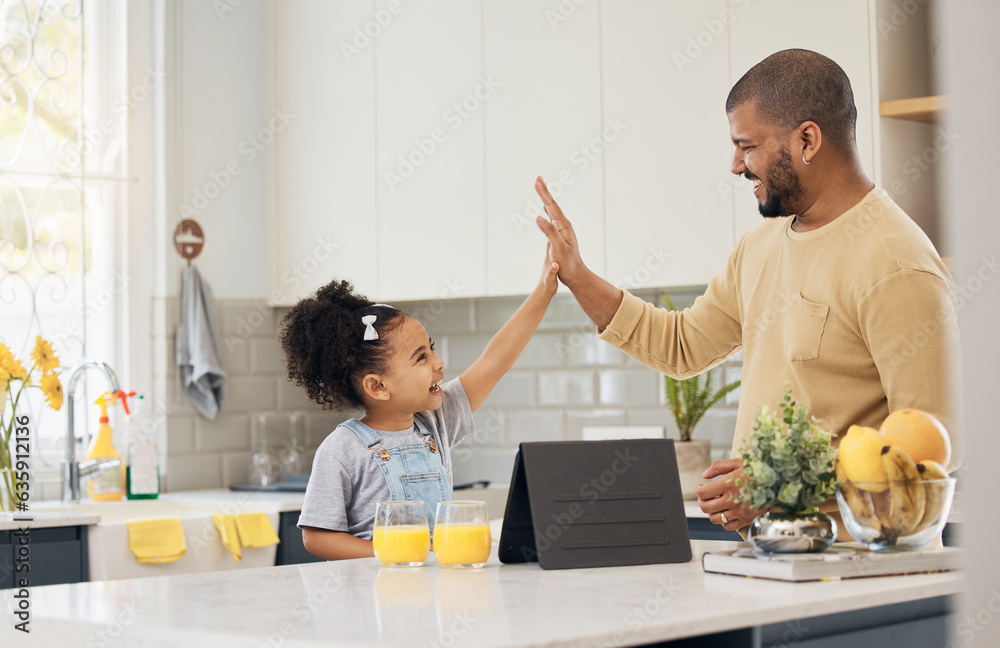 Dad, girl and high five for learning on tablet in home, kitchen and online, app or education games o