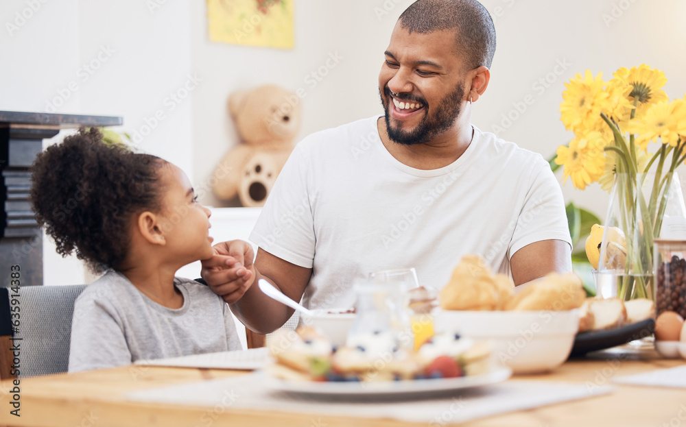 Home, father and girl with breakfast, smile and conversation with bonding, love and nutrition. Start