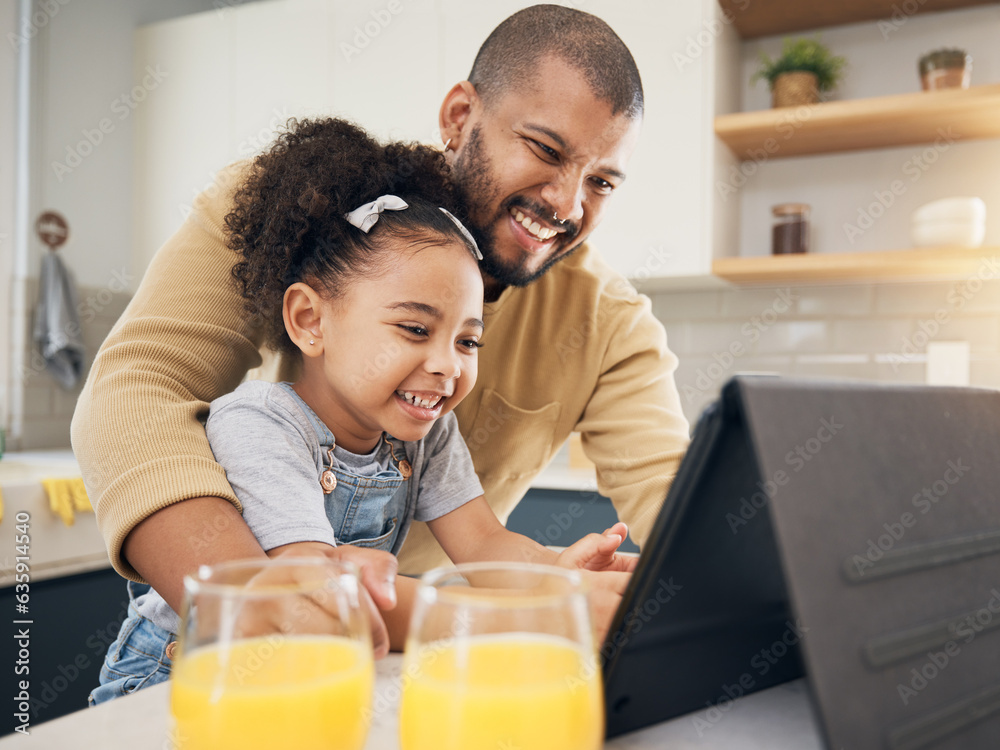 Tablet, video call and girl with dad in kitchen, living room or online communication in home with ha