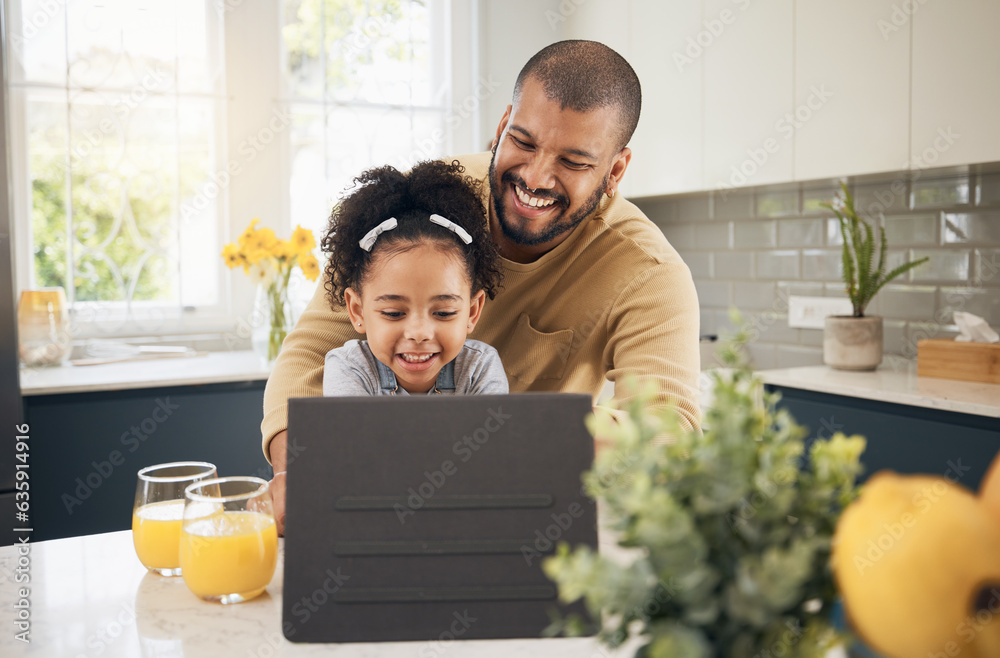 Tablet, video call and girl with dad in kitchen, living room or online communication in home with sm