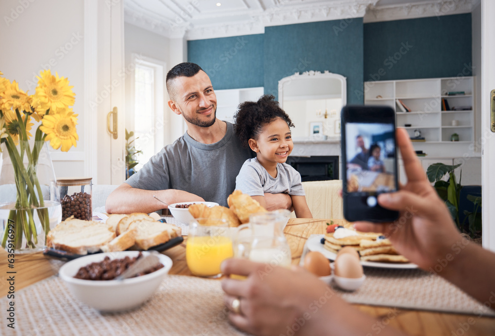 Cellphone, lunch and picture of father, child or happy family for memory photo, bonding and care in 