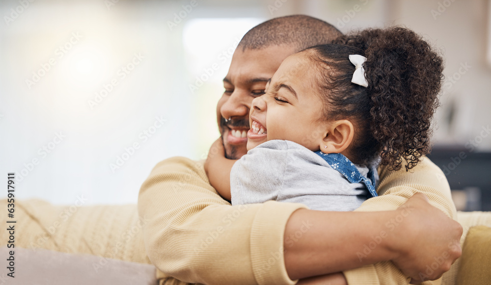 Smile, love and girl hugging her father while relaxing on a sofa in the living room together. Happy,