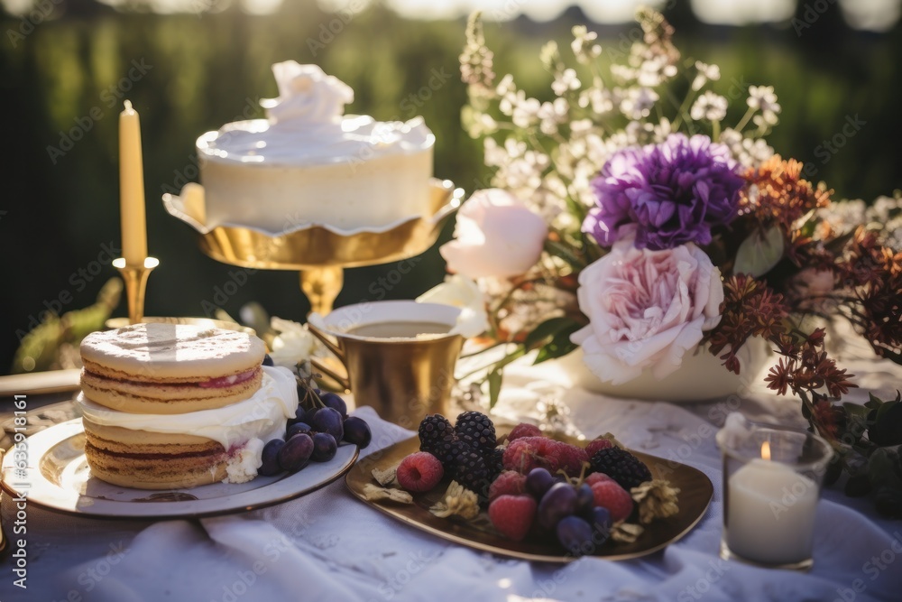 an assortment of white and gold desserts are sitting on a table outdoors