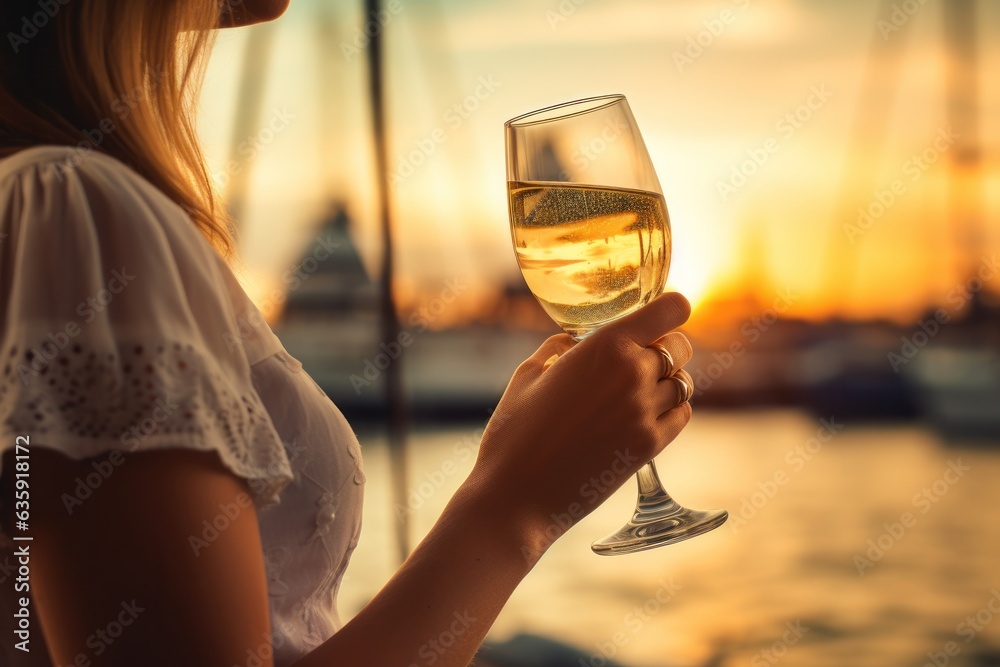 the woman is holding a glass of champagne at sunset