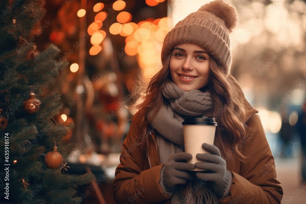 beautiful young woman drinking hot coffee in a chilly winter environment with decorations.