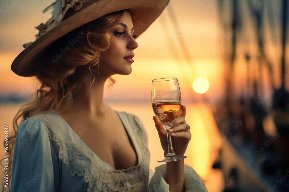 the woman is holding a glass of champagne at sunset