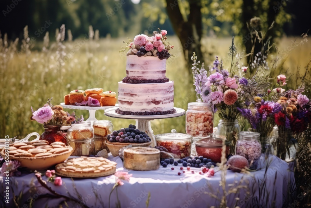 a cake table in an outdoors setting