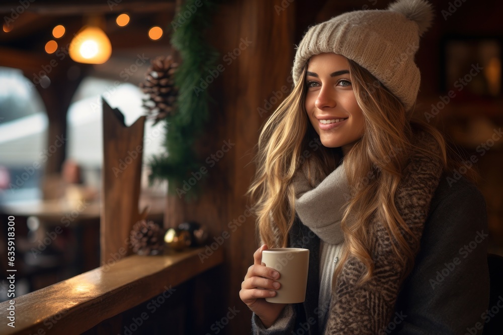 beautiful young woman drinking hot coffee in a chilly winter environment with decorations.