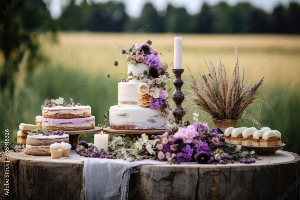 a cake table in an outdoors setting