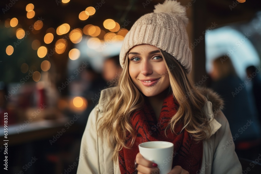 beautiful young woman drinking hot coffee in a chilly winter environment with decorations.