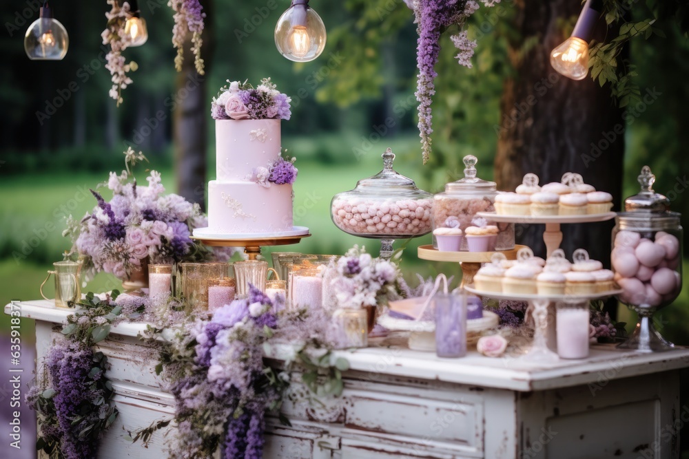 a cake table in an outdoors setting