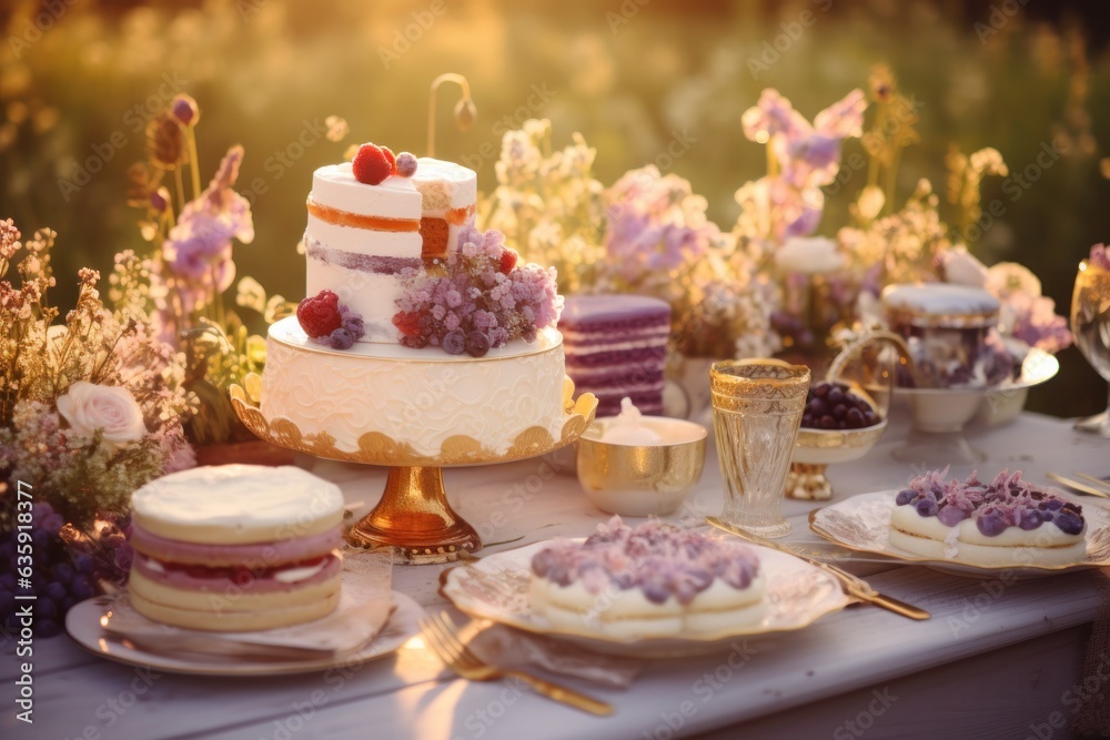 an assortment of white and gold desserts are sitting on a table outdoors