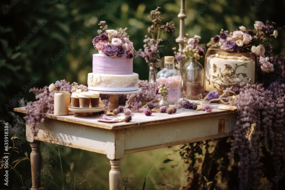 a cake table in an outdoors setting