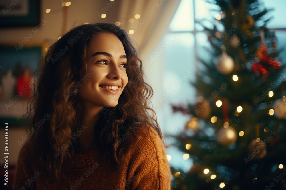 beautiful young woman drinking hot coffee in a chilly winter environment with decorations.