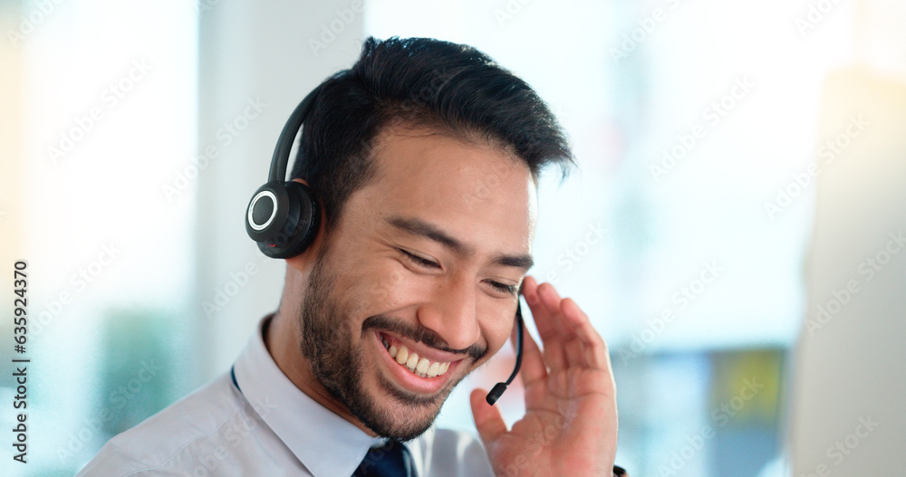 Call center agent consulting a buyer via video call in an office. A young friendly sales man talking