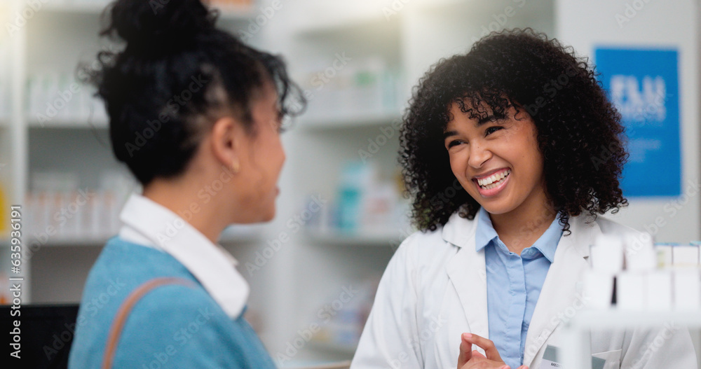 Young female chemist helping a customer to purchase prescription or chronic medication in the pharma