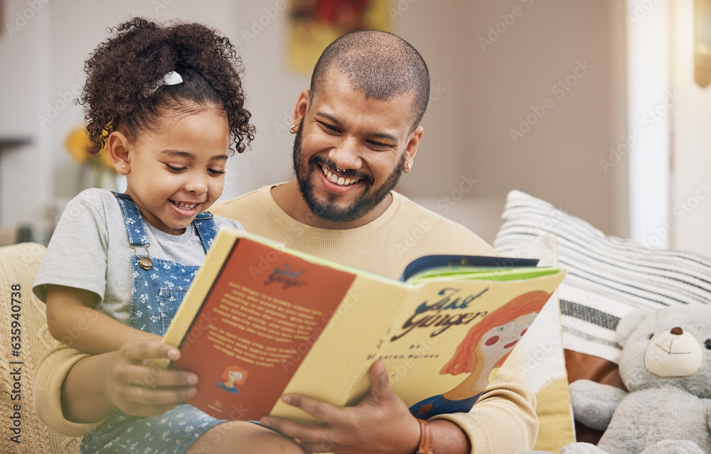 Dad, girl and book on sofa with bonding, smile and love in storytelling in living room together. Hap