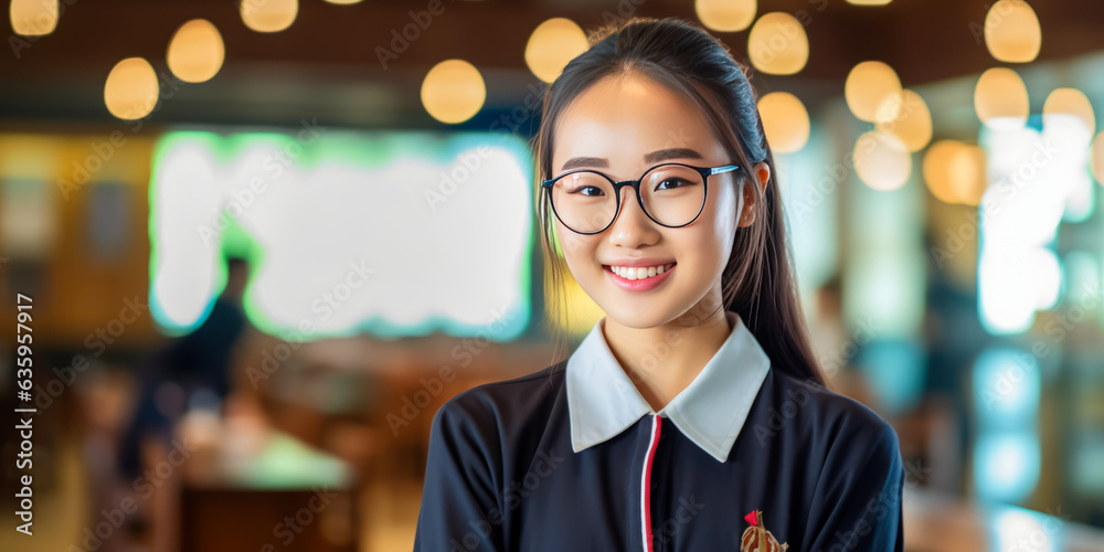 Captivating young Asian woman in glasses and school uniform, exhibiting intelligence and ambition, s