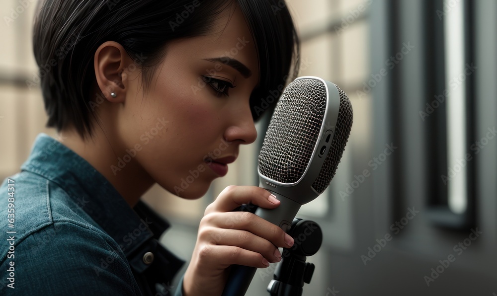 Close up businesswoman speaker hand holding High quality dynamic microphone and singing song or spea