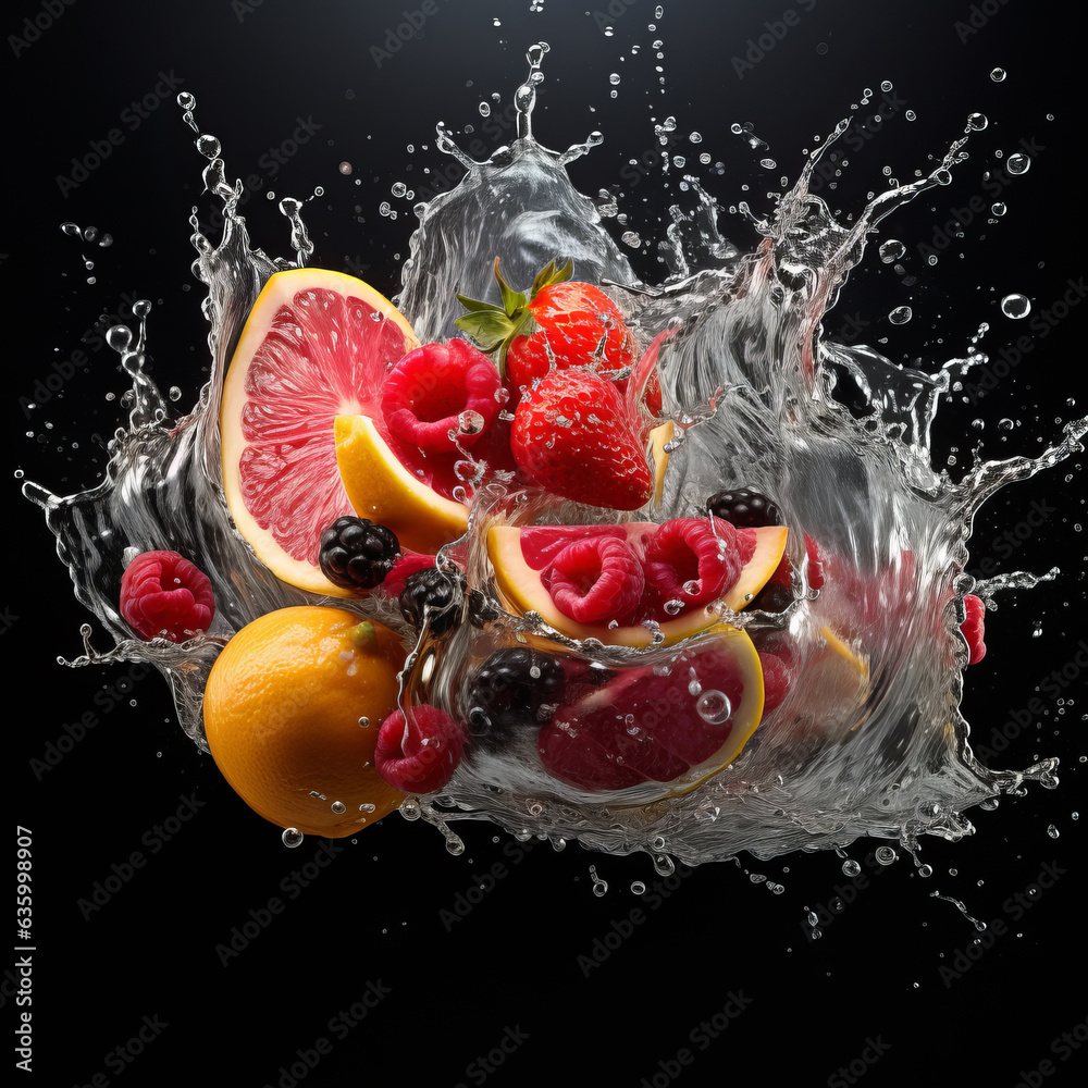 Fruits on black background with water splash