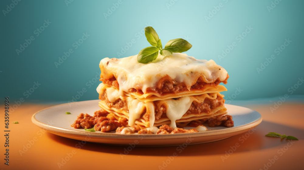 Close-up of a traditional lasagna made with minced beef bolognese sauce topped with basil leafs serv