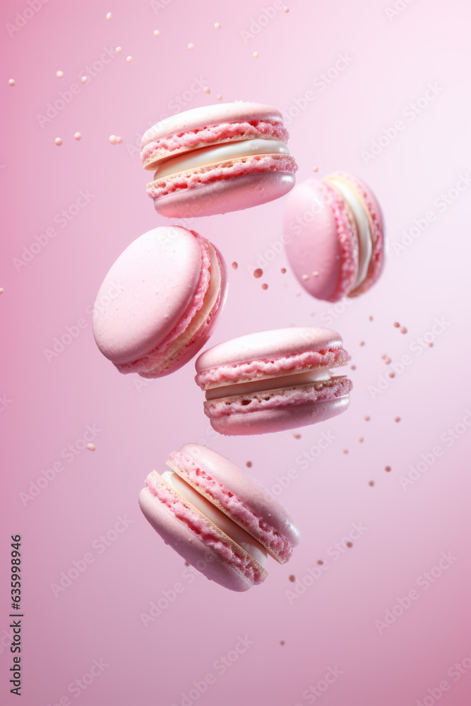 Different types of macaroons in motion falling on a pink background