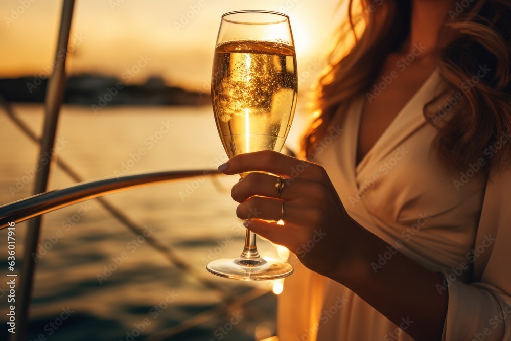 Woman with champagne glass on the boat